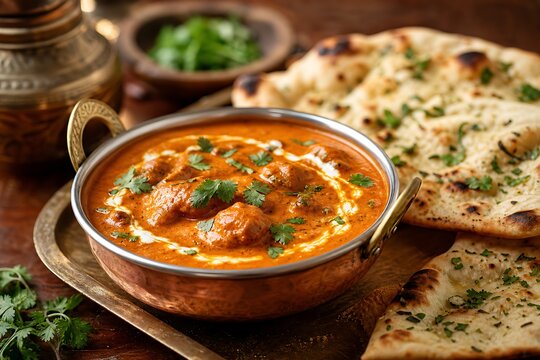 Rich Indian butter chicken curry served in traditional copper bowl with fresh naan bread, symbolizing authentic spices, warm comfort, and rich culinary tradition
