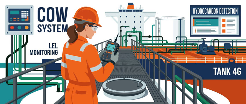 Female worker in orange uniform monitors COW system and LEL levels on oil tanker deck