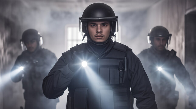 Special forces unit conducting tactical search in dark building. Armed officers in protective gear using flashlights during law enforcement operation.