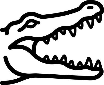 Minimalist line art illustration of an alligator head with open mouth, showing sharp teeth.
