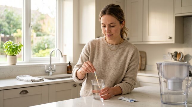 Water test strip check in sunny kitchen with mother sampling tap water