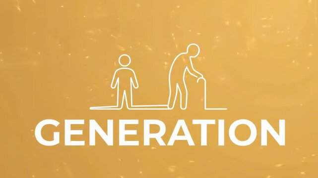 Frontal view of two simplified white outline figures on single baseline against smooth warm amber background, small childlike figure beside larger senior figure with cane, clean abstract care and