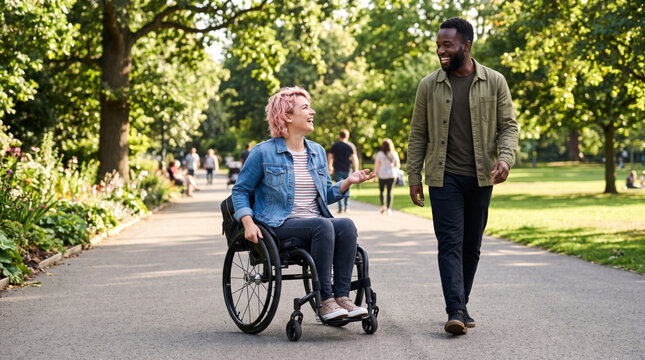 smiling young woman in wheelchair talking with male friend in park