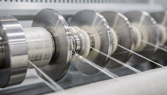 Closeup medium shot of disc yarn tensioner in action smoothly regulating thread tension during twisting for uniform textile production in a bright industrial setting.