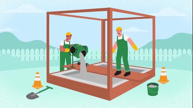 2D Animated Construction Site Frame Building, Workers Using Drill and Building Wooden Structure House, Industrial Flat Vector Design