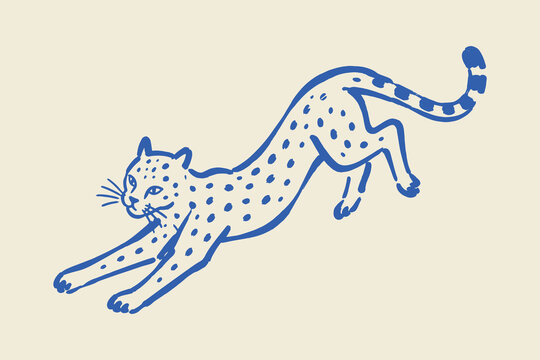 Leopard Jumping Naive Doodle vector illustration