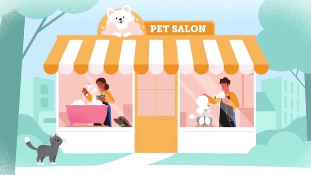 2D Animated Pet Salon Storefront Exterior, Groomers Styling Cat and Dog Inside Boutique Shop, Animal Care Service Flat Vector Design
