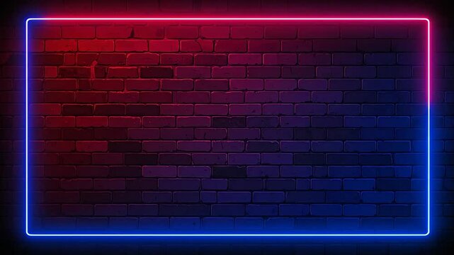 A vibrant rectangular neon frame glowing against a dark textured brick wall background