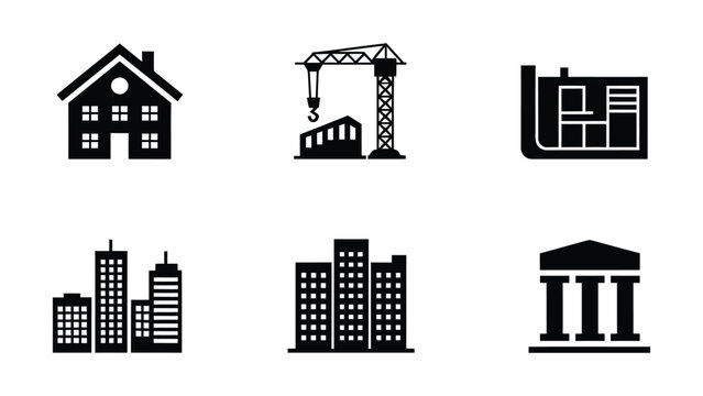 Black and white of six house types home building architecture