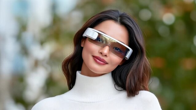 One woman in futuristic visor sunglasses outdoors with white turtleneck and close portrait view