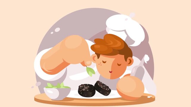 2D Animated Professional Chef Tasting Food with Spoon, Culinary Master Cooking Delicious Dish Kitchen Concept, Flat Vector Illustration