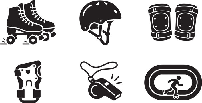 Roller derby equipment icons set, 6 black solid vector elements for roller skating, protective gear and sports accessories isolated on Transparent Background