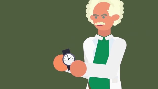2D Animated Professor Scientist Checking Wristwatch, Mad Doctor or Scholar Running Out of Time Deadline Concept, Flat Vector Design