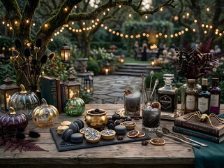 Fototapeta premium Elegant halloween party setup with pumpkins cocktails and moody botanical decor