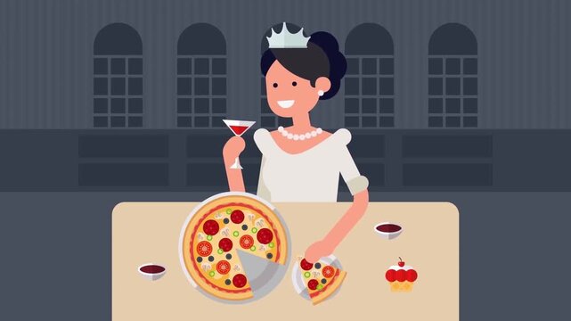 2D Animated Elegant Princess Eating Pizza and Drinking Wine at Luxury Restaurant Table, Humor Celebration Concept, Flat Vector Style