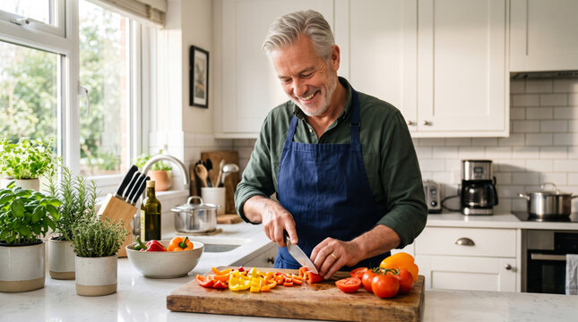 smiling senior man in apron cutting vegetables in bright kitchen