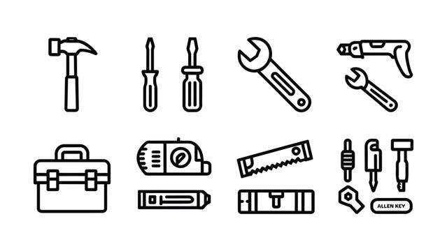 Black and white of tools and hardware wrench hammer