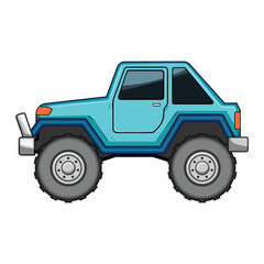 Fototapeta premium Off road vehicle cartoon illustration featuring a light blue body and thick tires, ready for adventure on various terrains and representing exploration