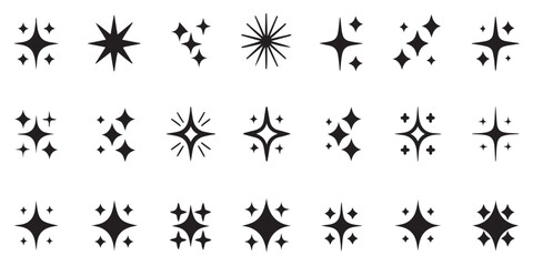 Large collection of different spark star icons and glitter shapes isolated on white background for magic effects and celestial decoration. © Md