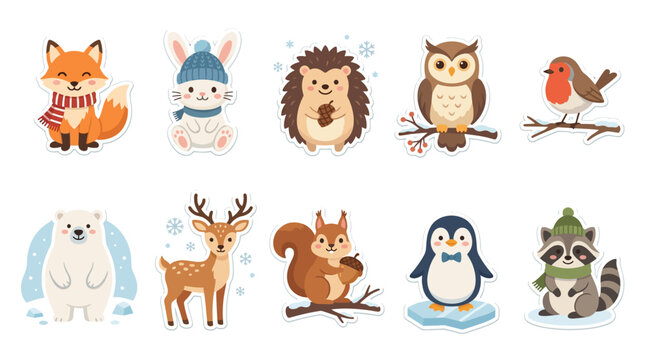 Cute winter animals wear hats and scarves in a snowy scene with snowflakes around them.