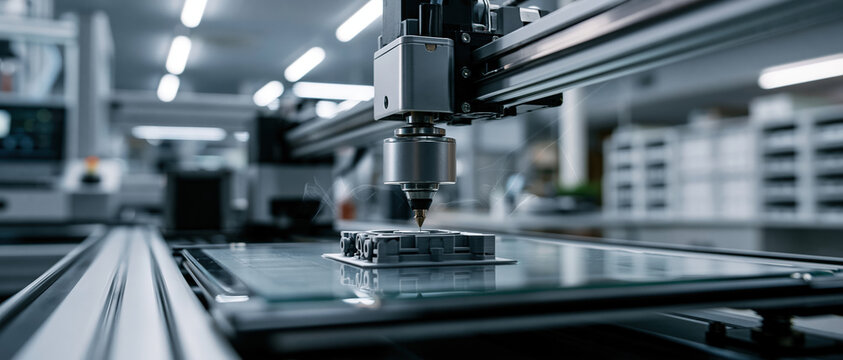 Future of manufacturing captured up close a professional FDM 3D printer deposits material onto a complex mechanical part inside a bright, modern industrial facility.