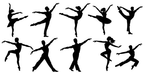 Ballet dancer silhouette collection with elegant poses Dance performance silhouettes isolated on white Black ballet pose vector set for artistic projects © MSTROUJATOUS