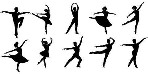 Ballet dancer silhouette collection with elegant poses Dance performance silhouettes isolated on white Black ballet pose vector set for artistic projects © MSTROUJATOUS