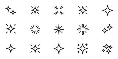 Sparkle star icon collection featuring minimal line art symbols for glowing decorative elements and celebration magic effect illustrations. © Md