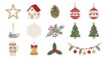 Christmas decorations and symbols arranged on a white background for holiday celebrations and traditions. © MuhammadAbdulJalil01