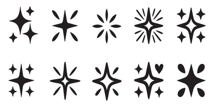 Sparkling star elements collection featuring bold silhouettes and heart shapes for magical decorative art and festive holiday illustrations.