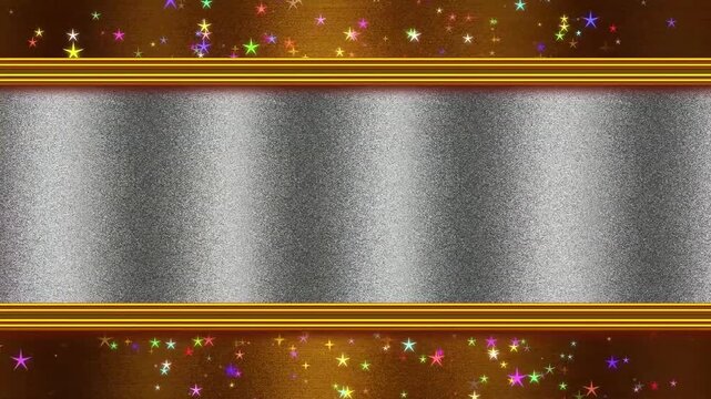 Shimmering Silver Texture Background with Golden Frames and Floating Stars
