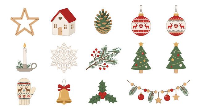 Christmas decorations and symbols arranged on a white background for holiday celebrations and traditions.