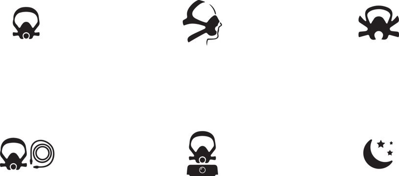 Minimalist black silhouette icon set of a sleep apnea mask . simple black flat vector style for medical and fitness icons concept. square type Bundle