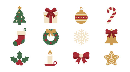 Fototapeta premium Christmas icons featuring tree, gifts, ornaments, and decorations on a white background