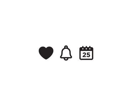 A minimalist graphic design featuring a heart, bell, and calendar on a white background