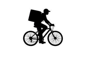 Obraz premium Silhouette of a Delivery Courier Riding Bicycle with Large Backpack Representing Eco Friendly Urban Logistics and Fast Online Shopping Service Concept