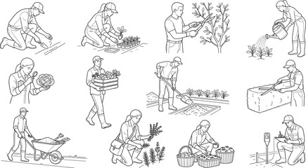 Obraz premium Gardening and Farming People Outline Vector Bundle with Agriculture and Harvest Work Illustrations