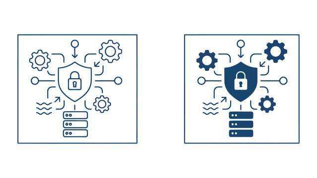 Server and database security management icon set featuring protected data shield and network nodes for cybersecurity and enterprise information systems in professional vector style