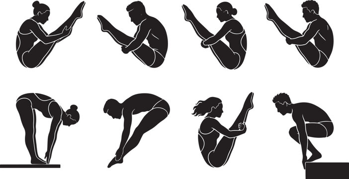 Professional diving silhouettes set, 8 athlete icons in pike and tuck positions, competitive swimming and high dive vector elements for sports branding isolated on Transparent Background
