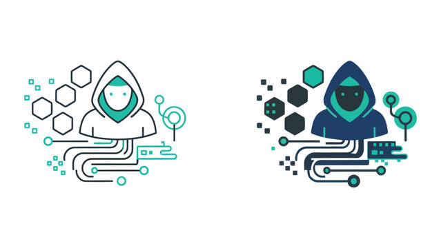 Cybersecurity hacker avatar with digital circuit paths and hexagonal nodes for and network security concept in flat vector illustration with outline and solid blue styles isolated on white background