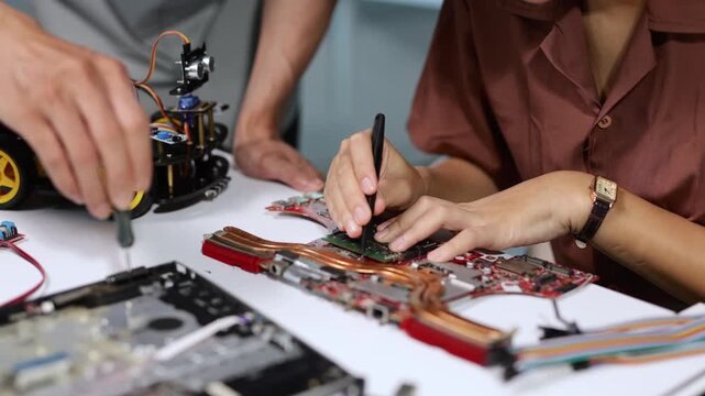 Engineering students assembling robot car and circuit board components for a school project
