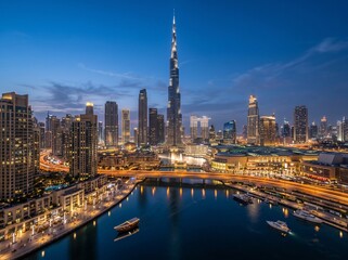Obraz premium Burj Khalifa and Dubai downtown skyline with water canal at twilight, UAE