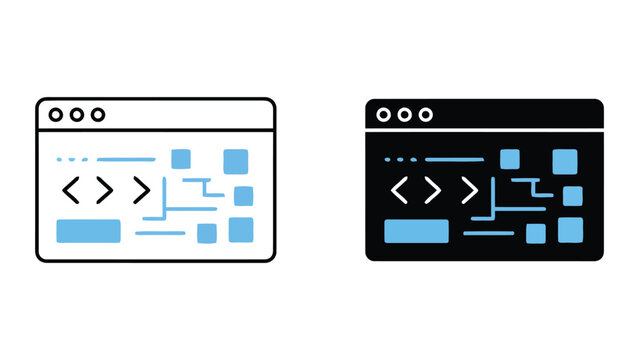 Web browser window displaying coding symbols and abstract data flow diagrams representing software development processes