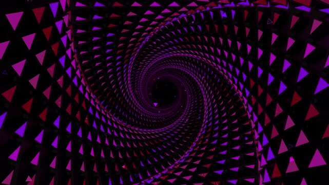 Abstract digital vortex vj loop made of twisting lattice segments, spiral triangle arrays and complex data structures, creating deep astrophysics science background.