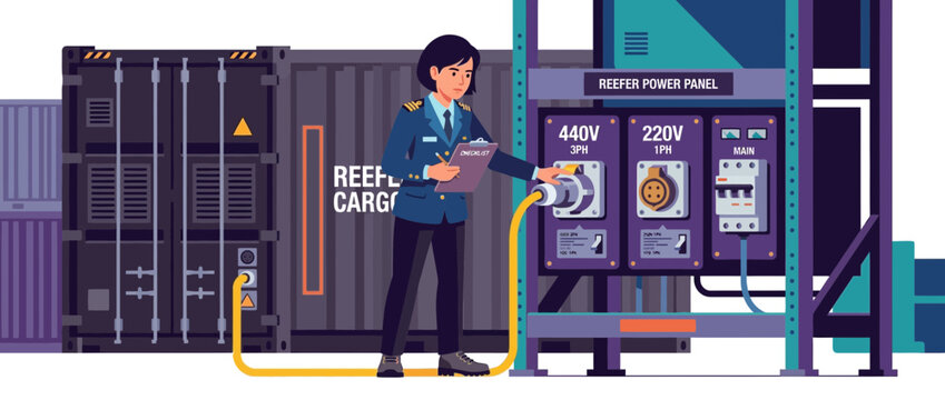 Customs officer inspecting reefer cargo container power connection at port
