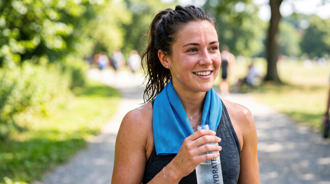 A woman exercising outdoors with a cooling towel around her neck