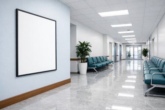 Blank poster on empty hospital wall corridor interior. Ai generative