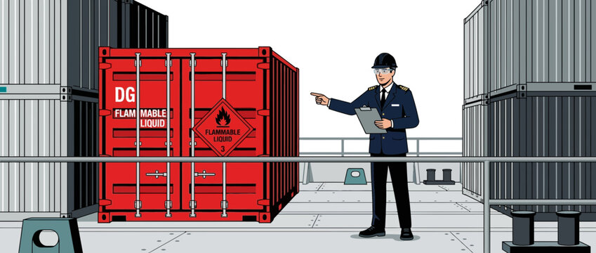 Inspector checking red hazardous cargo container with flammable liquid warning sign