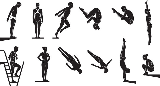 Professional diving silhouettes set, competitive swimmers jumping and somersaulting, 12 athlete vector icons for sports competition and aquatic training isolated on Transparent Background