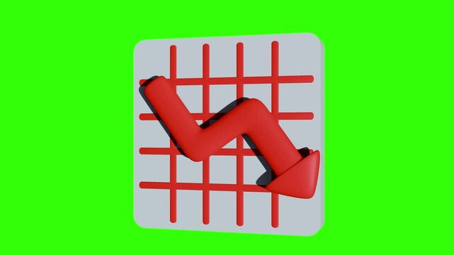 3D Glossy Red Arrow Pointing Down on Green Screen - Financial Crisis and Decrease Concept